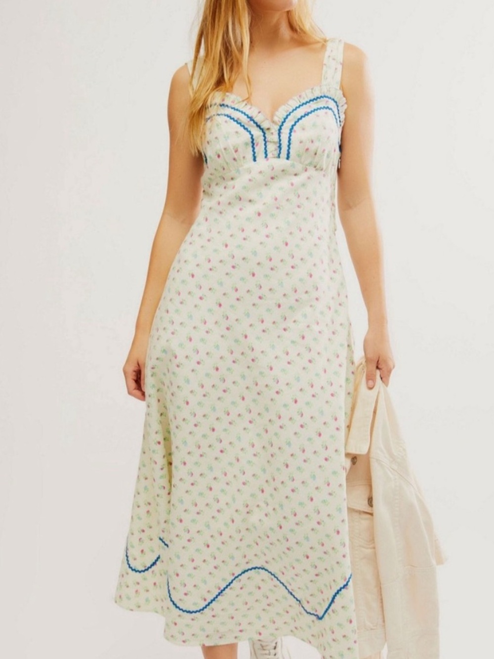 Sleeveless Floral Midi Dress in Cream with Blue Trim